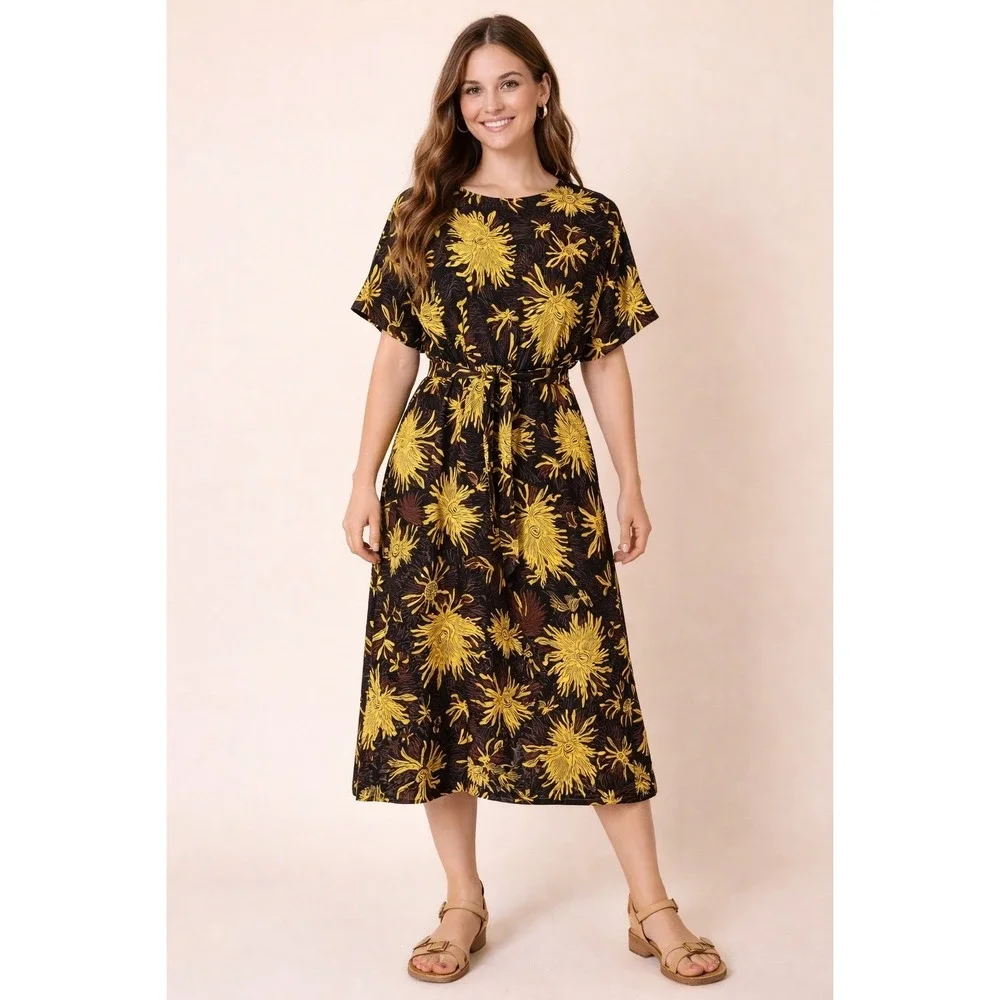 TAMSY Floral Midi Dress One Size Black Yellow‎ Brown Boho Tie Waist NWT